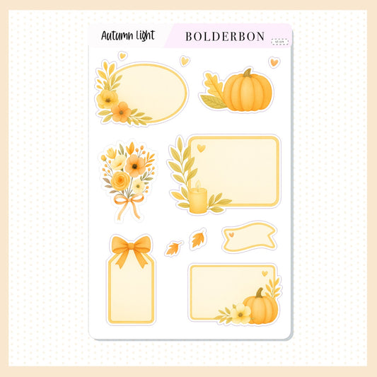 AUTUMN LIGHT || Decorative Labels and Frames, Florals, Pumpkins and Bows, Aesthetic Journal, Fall Vibe Journaling Planner Stickers