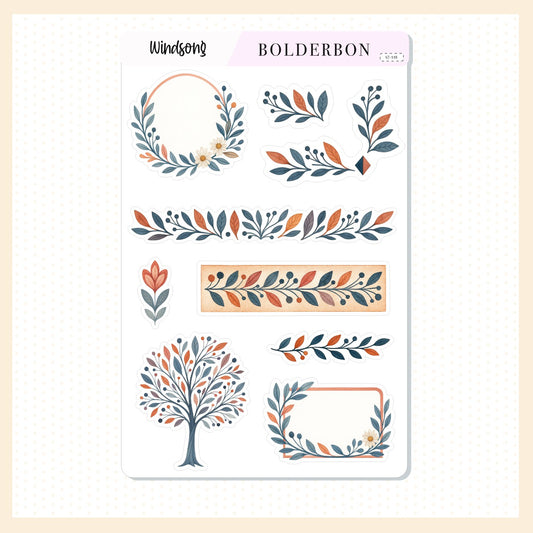 WINDSONG Frames & Foliage Elements || Autumn Leaves Aesthetic Journal Stickers, Journaling Stickers, Whimsical Vibe Planner Stickers