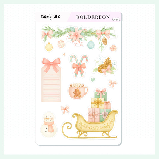 CANDY LANE Decorative Sticker Sheet || Festive Christmas Journaling Planner Stickers, Holiday Pastel Vibe