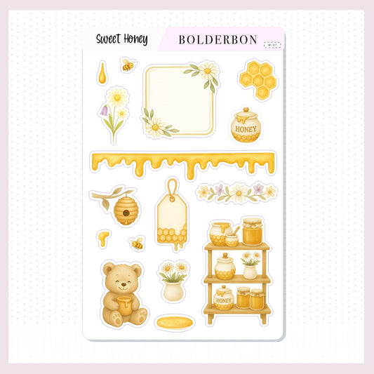 SWEET HONEY Decorative Sticker Sheet || Aesthetic Journal Stickers, Journaling Stickers, Bees, Florals & Cozy Farmhouse Vibe Planner Stickers