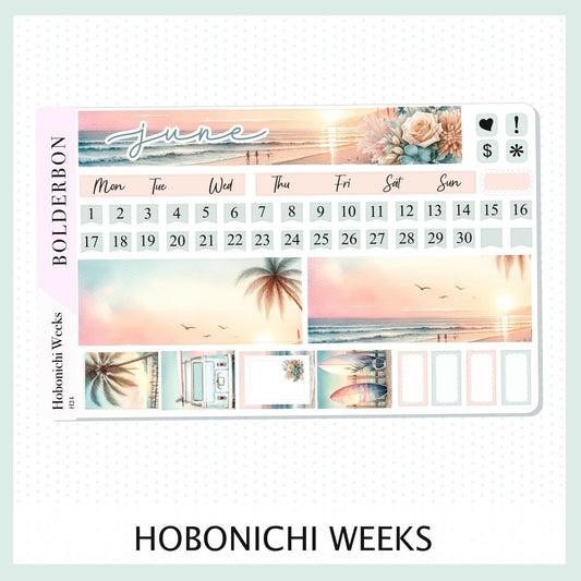 JUNE Hobonichi Weeks || Monthly Planner Stickers, Sunset Beach