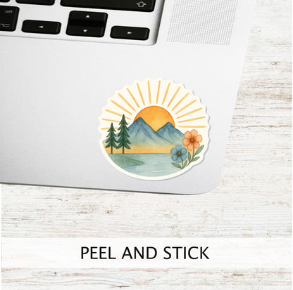 Mountain Sunrise Vinyl Sticker || Floral Nature Decal, Hiking Outdoor Adventure, Cottagecore Watercolor Aesthetic, Waterproof Laptop Sticker