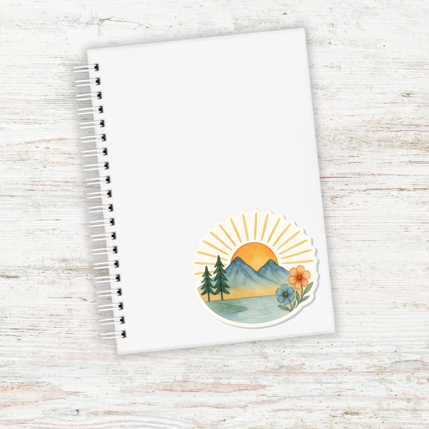 Mountain Sunrise Vinyl Sticker || Floral Nature Decal, Hiking Outdoor Adventure, Cottagecore Watercolor Aesthetic, Waterproof Laptop Sticker