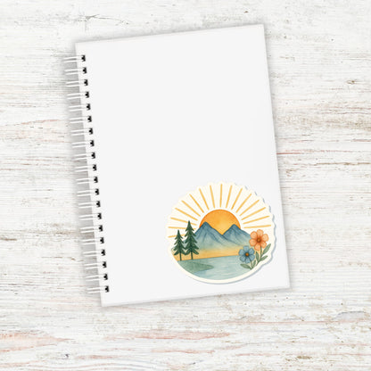Mountain Sunrise Vinyl Sticker || Floral Nature Decal, Hiking Outdoor Adventure, Cottagecore Watercolor Aesthetic, Waterproof Laptop Sticker