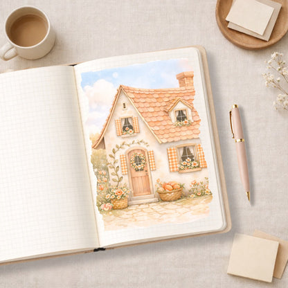 Peach Cottage A5 Full Page Scene Sticker || Decorative Planner Sticker, Hobonichi Cousin, Floral Aesthetic