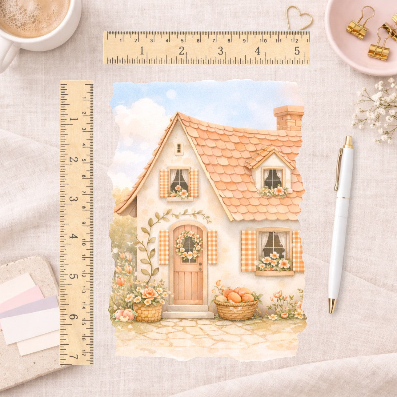 Peach Cottage A5 Full Page Scene Sticker || Decorative Planner Sticker, Hobonichi Cousin, Floral Aesthetic