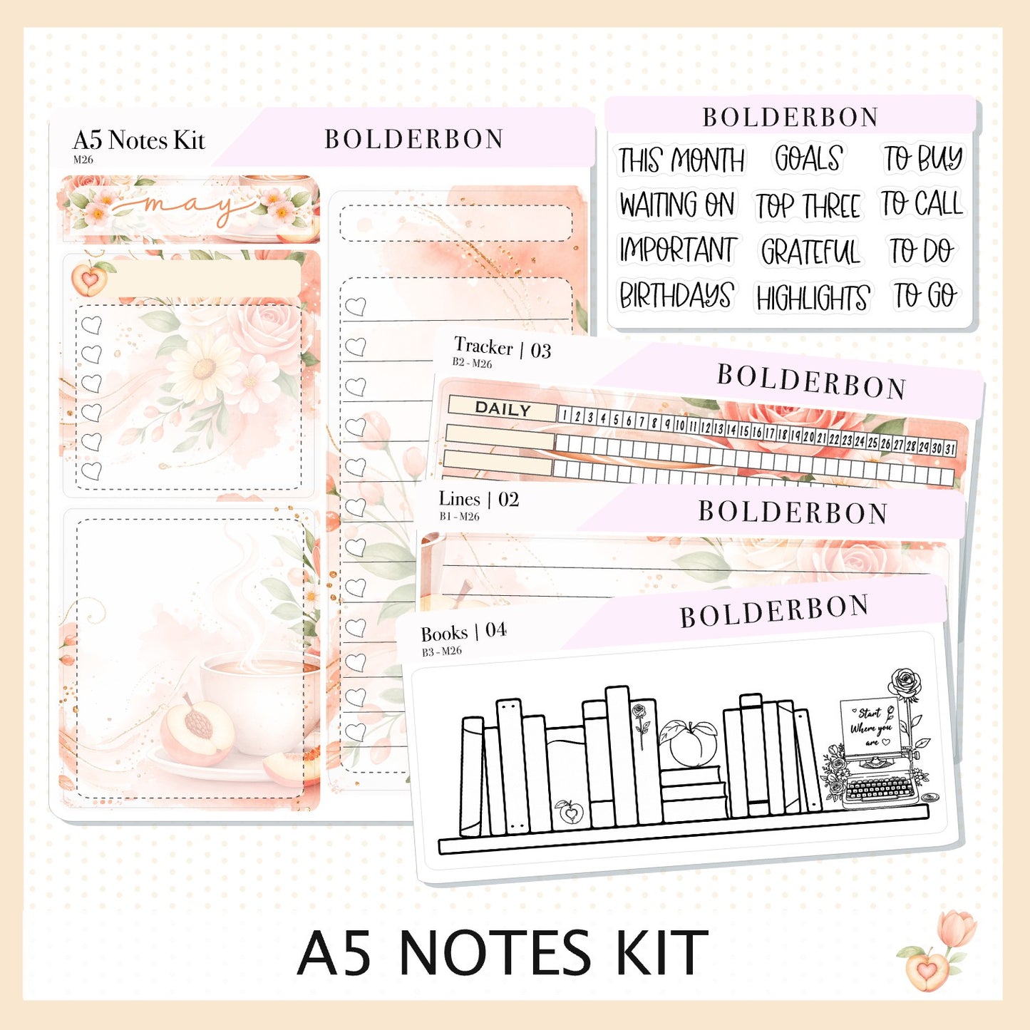 MAY A5 Notes Kit || Peach Blossom, Planner Sticker Kit for Erin Condren Planners