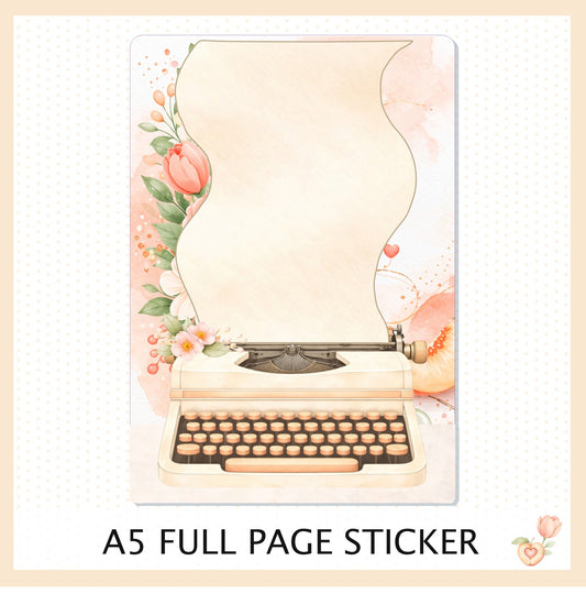 Peach Typewriter A5 Full Page Scene Sticker || Decorative Planner Sticker, Hobonichi Cousin, Floral Aesthetic