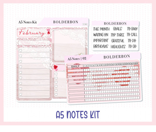 FEBRUARY - A5 NOTES KIT || Compact Vertical, A5 Daily Duo, A5 Horizontal, Planner Stickers