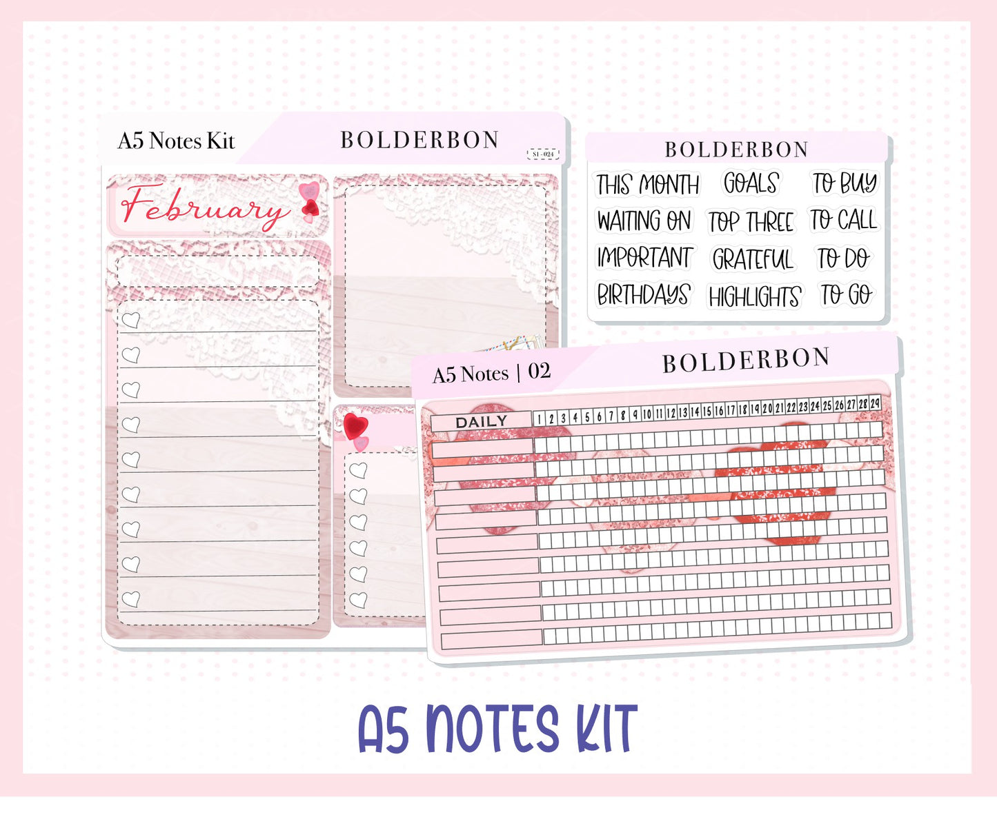 FEBRUARY - A5 NOTES KIT || Compact Vertical, A5 Daily Duo, A5 Horizontal, Planner Stickers