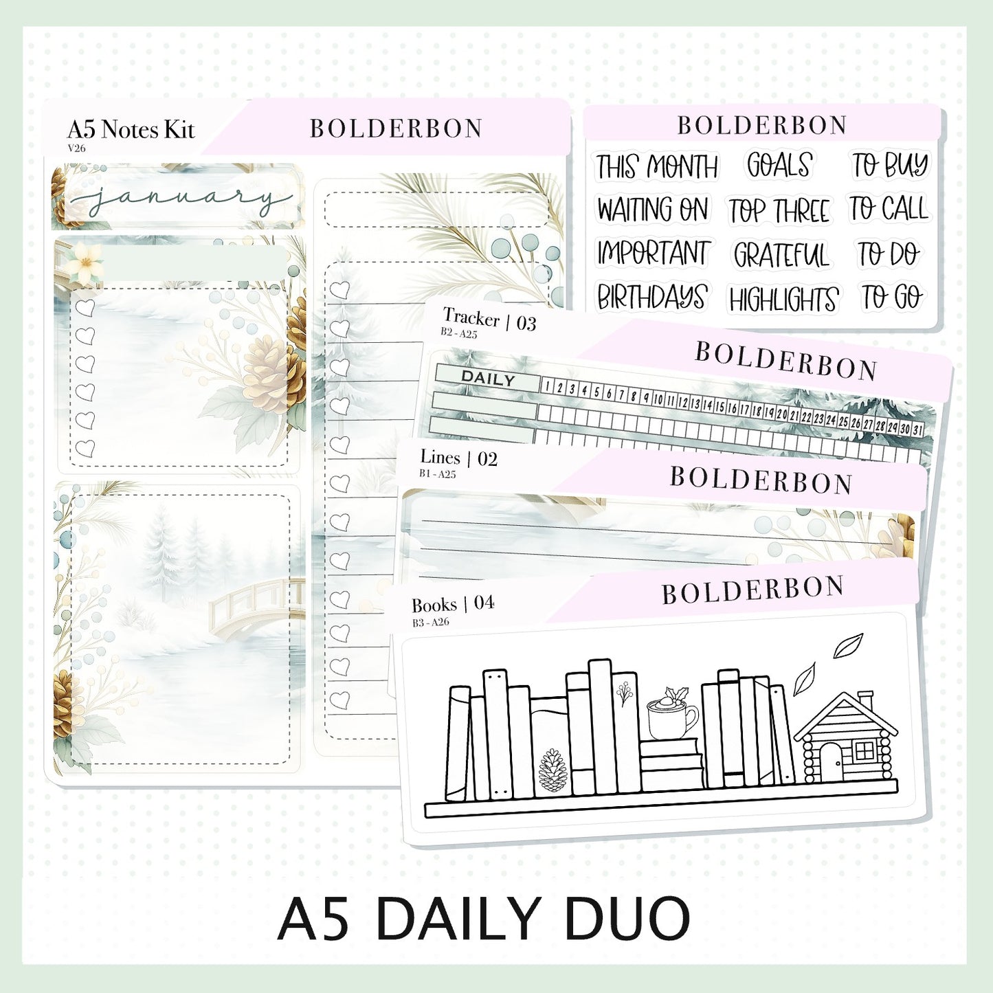 JANUARY A5 Notes Kit || Peaceful Pines, Planner Sticker Kit for Erin Condren Planners