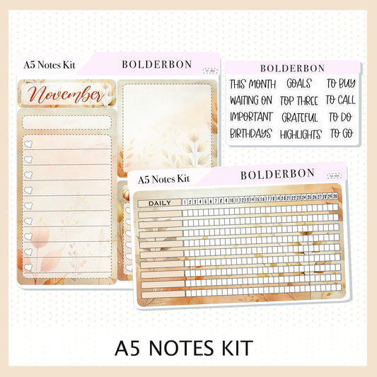 NOVEMBER - A5 NOTES KIT || Compact Vertical, A5 Daily Duo, A5 Horizontal, Planner Stickers