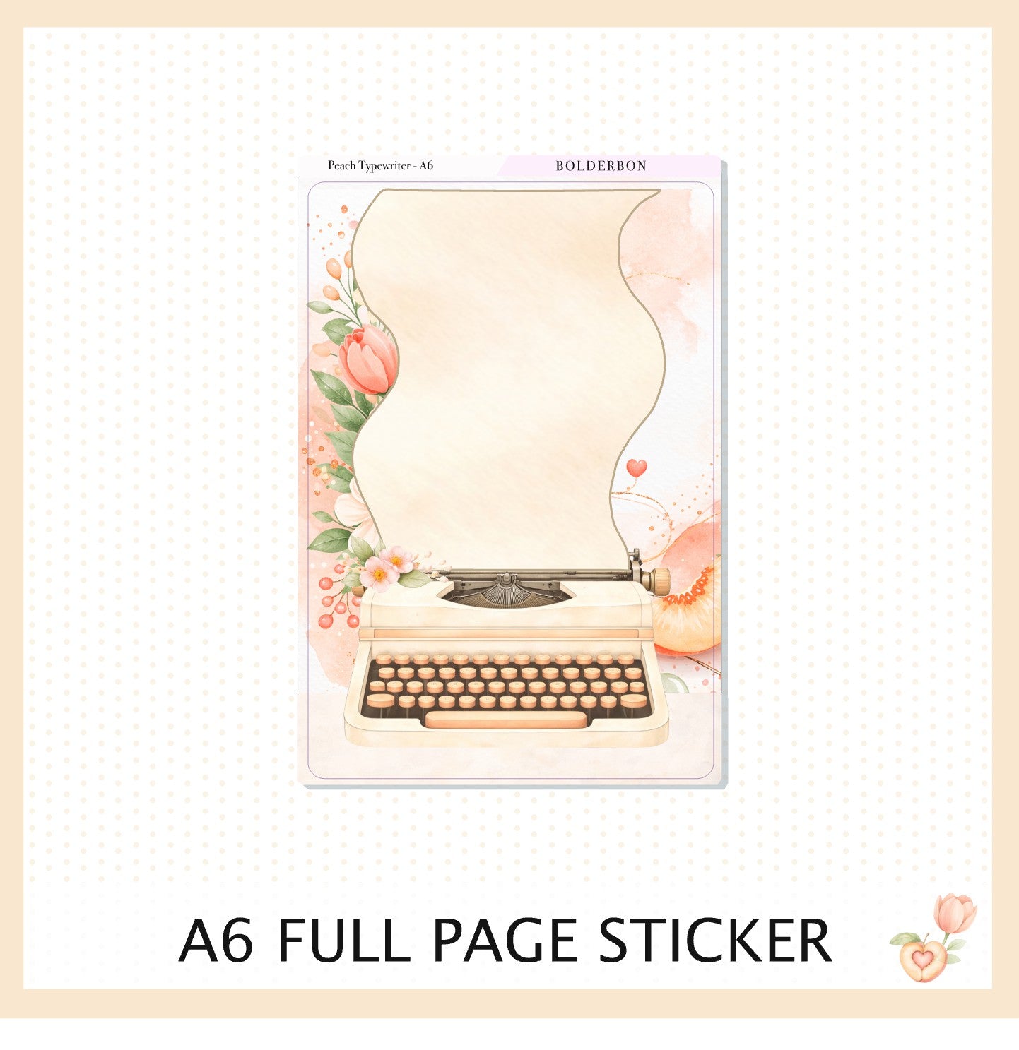 Peach Typewriter A6 Sticker Sheet || Full Page Planner Sticker, A6 Hobonichi and Planners, Floral Aesthetic Journal Sticker