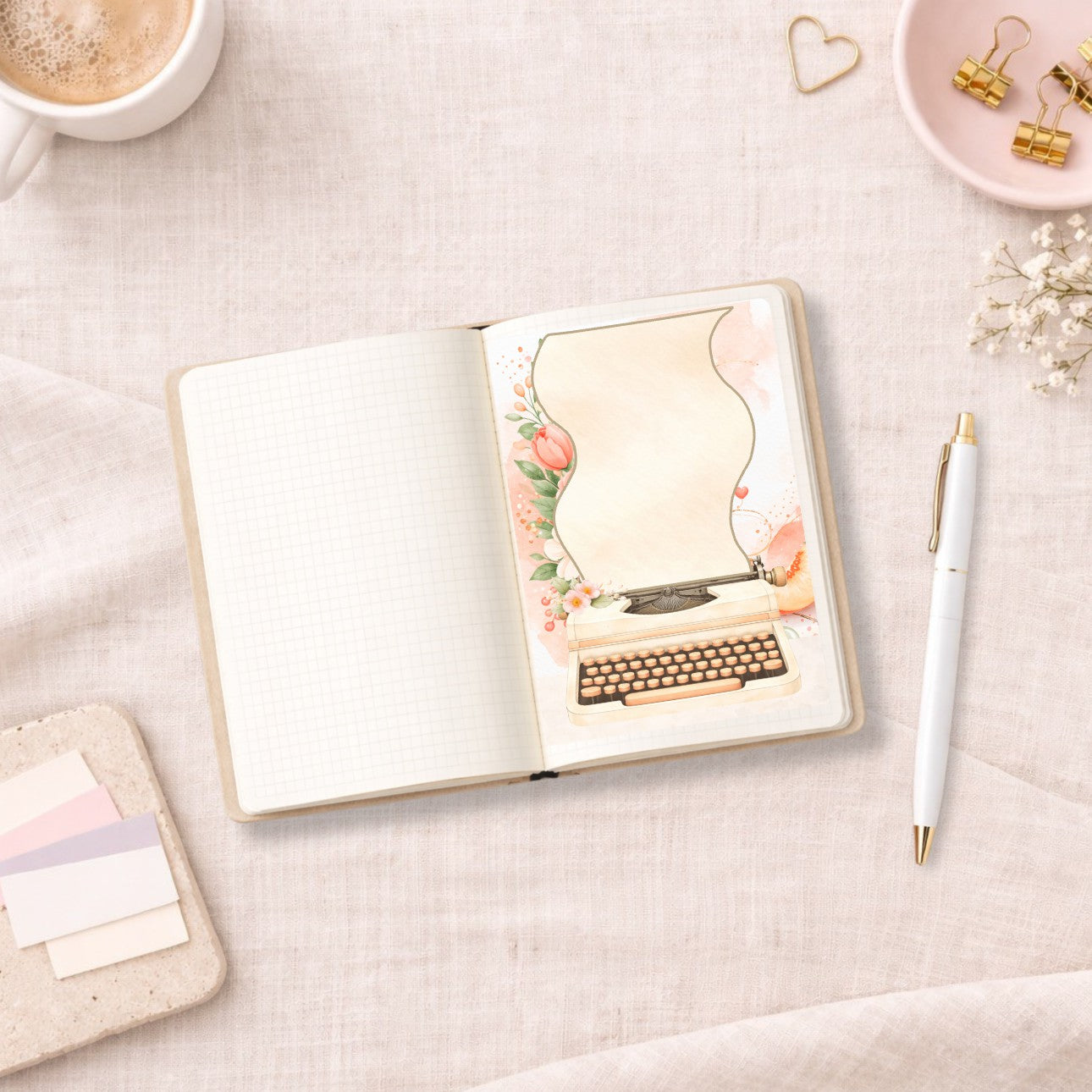 Peach Typewriter A6 Sticker Sheet || Full Page Planner Sticker, A6 Hobonichi and Planners, Floral Aesthetic Journal Sticker