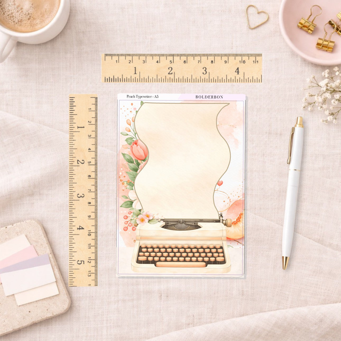 Peach Typewriter A6 Sticker Sheet || Full Page Planner Sticker, A6 Hobonichi and Planners, Floral Aesthetic Journal Sticker
