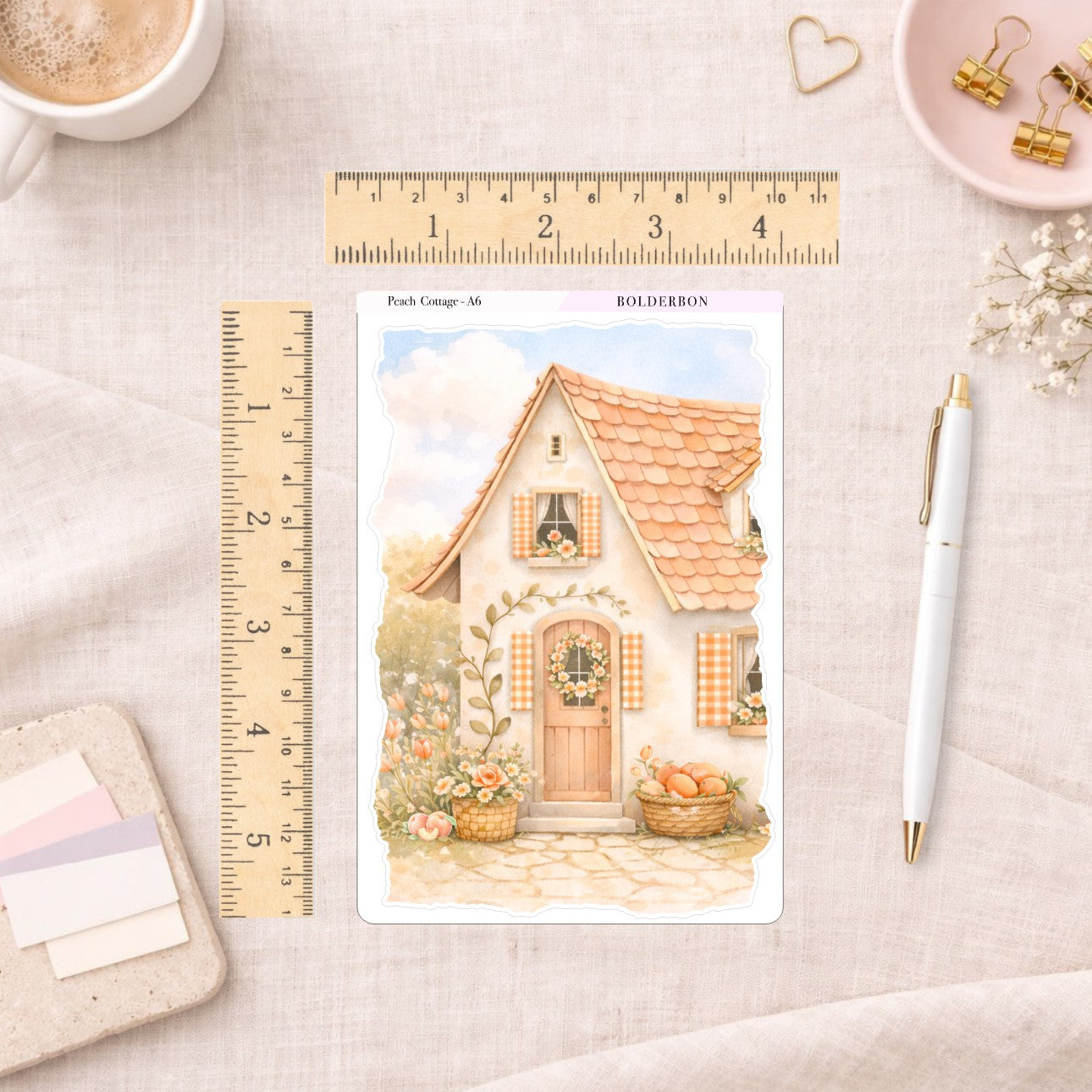 Peach Cottage A6 Sticker Sheet || Full Page Planner Sticker, A6 Hobonichi and Planners, Floral Aesthetic Journal Sticker