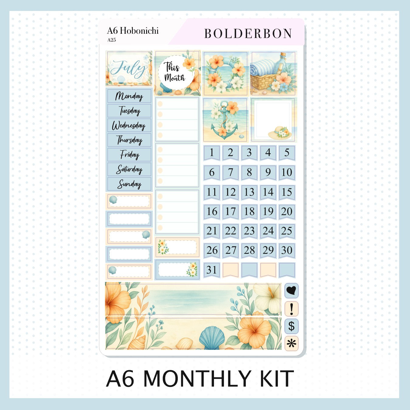 JULY A6 Hobonichi || Shoreline Monthly Sticker Kit Planner Stickers