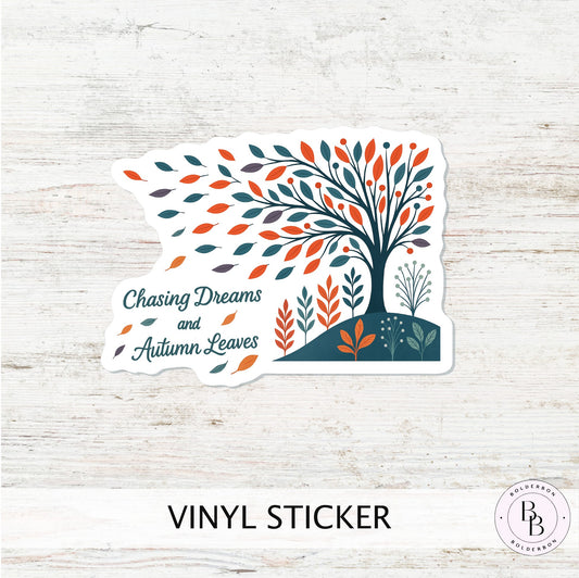 Chasing Dreams and Autumn Leaves Sticker || Whimsical Autumn Vinyl Sticker, Boho Vibe Sticker, Fall Tree Folk Art Laptop Decal