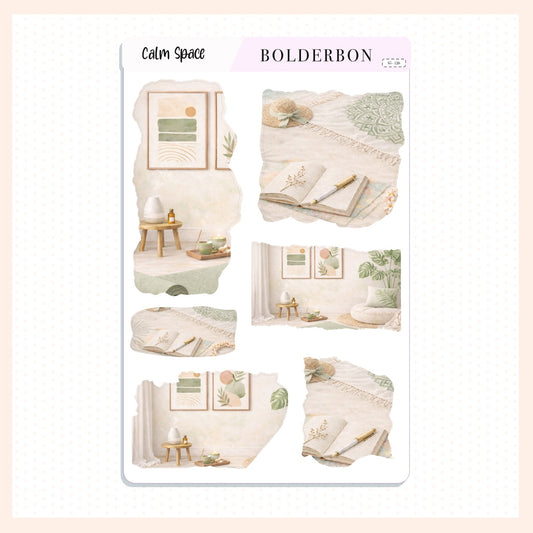 CALM SPACE Torn Pieces Journal Stickers || Neutral Boho Aesthetic Planner Stickers