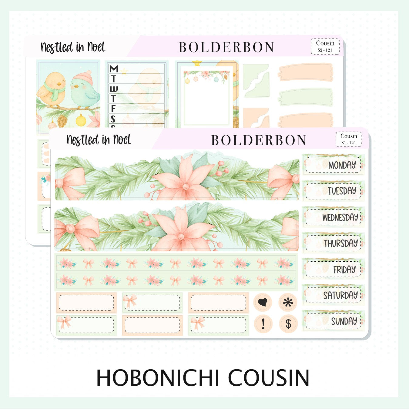 NESTLED IN NOEL Hobonichi Cousin || A5 Planner Sticker Kit, Festive Floral Planner Stickers, Pastel Holiday Aesthetic Vibe
