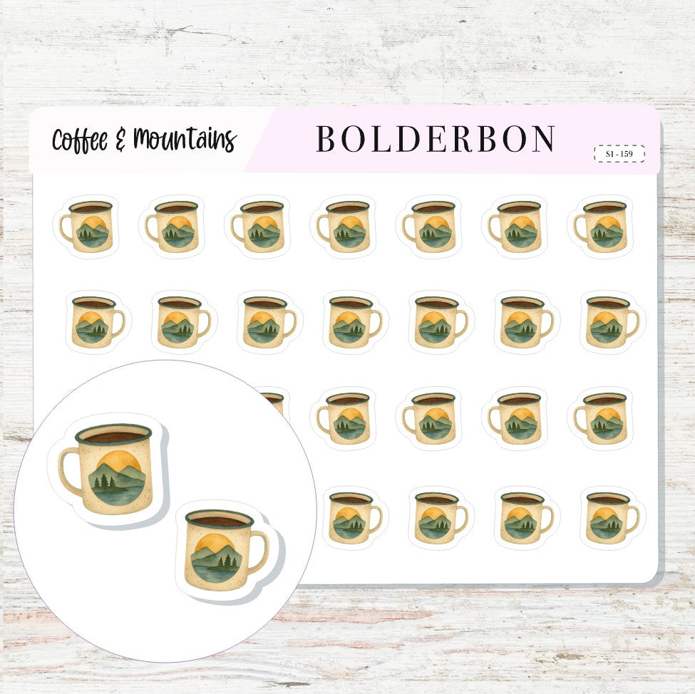 COFFEE AND MOUNTAINS Stickers || Morning Mug Planner Stickers, Cozy Outdoorsy Vibes, Hobonichi,  Journal, Nature Lover Sheet