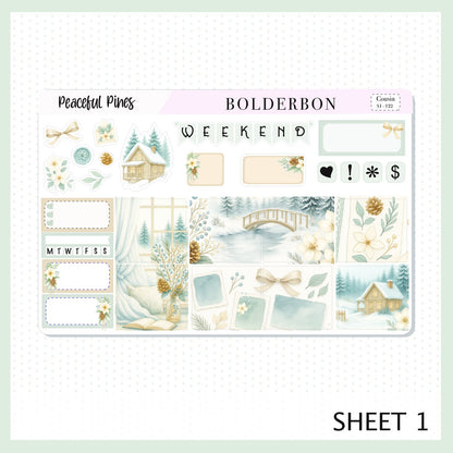 PEACEFUL PINES Hobonichi Cousin || A5 Planner Sticker Kit, Winter Floral Planner Stickers, Cozy Sage & Gold Vibe