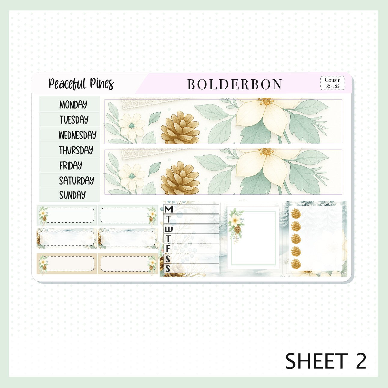 PEACEFUL PINES Hobonichi Cousin || A5 Planner Sticker Kit, Winter Floral Planner Stickers, Cozy Sage & Gold Vibe