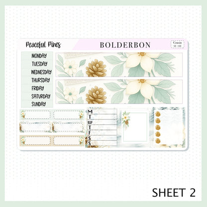 PEACEFUL PINES Hobonichi Cousin || A5 Planner Sticker Kit, Winter Floral Planner Stickers, Cozy Sage & Gold Vibe