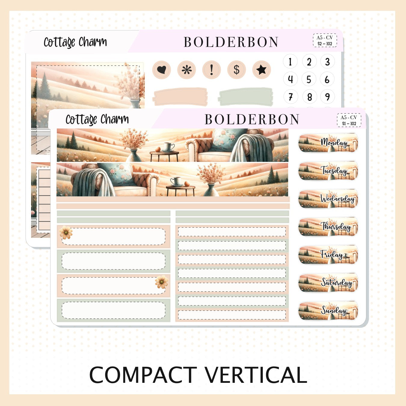 COTTAGE CHARM "Compact Vertical" || A5 Planner Sticker Kit
