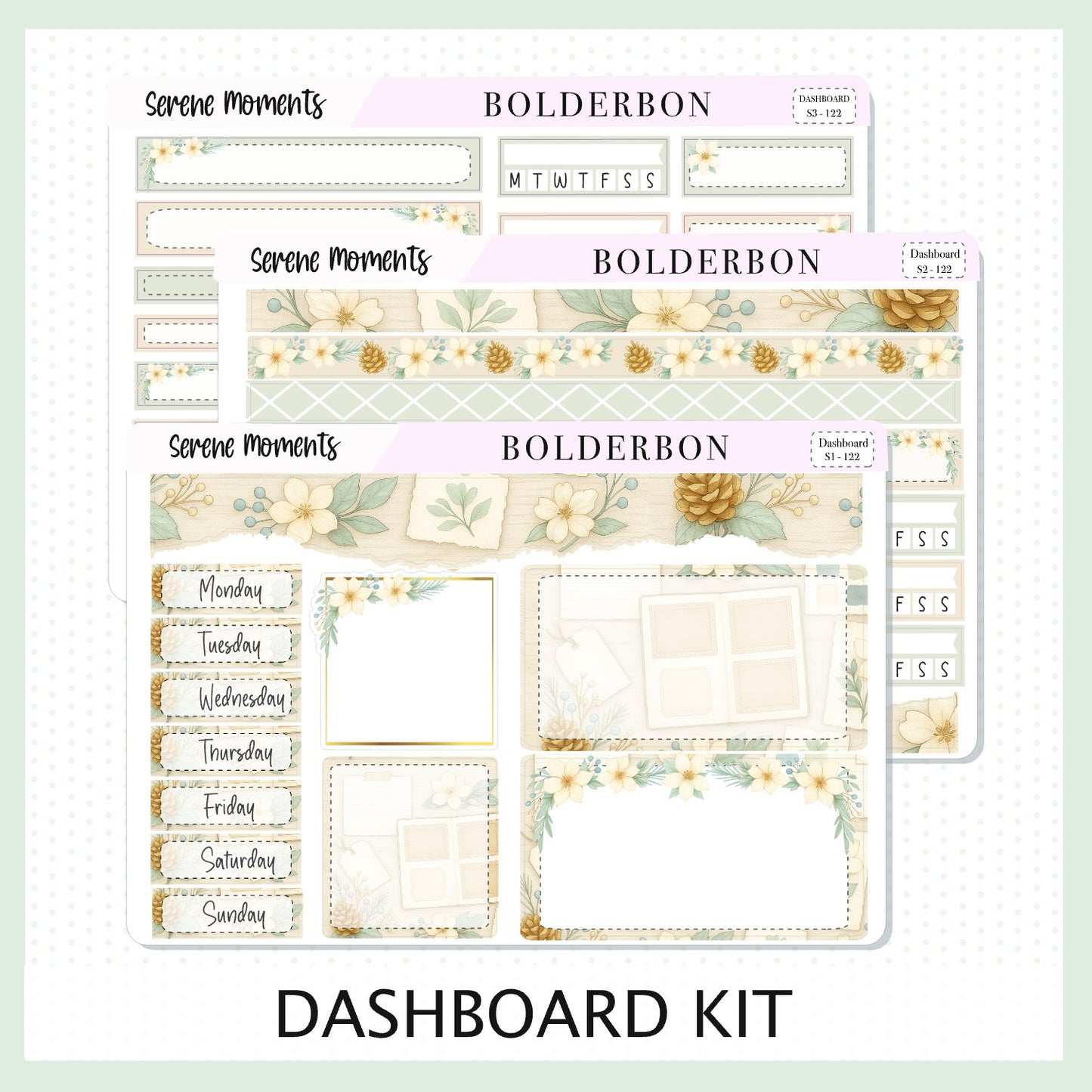 SERENE MOMENTS Erin Condren Dashboard Sticker kit || Winter Floral Planner Stickers, Cozy Sage & Gold Vibe