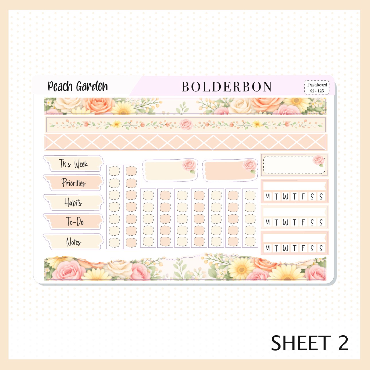 PEACH GARDEN Erin Condren Dashboard Sticker kit || Floral Aesthetic Planner Stickers, Pastel Spring Weekly Kit