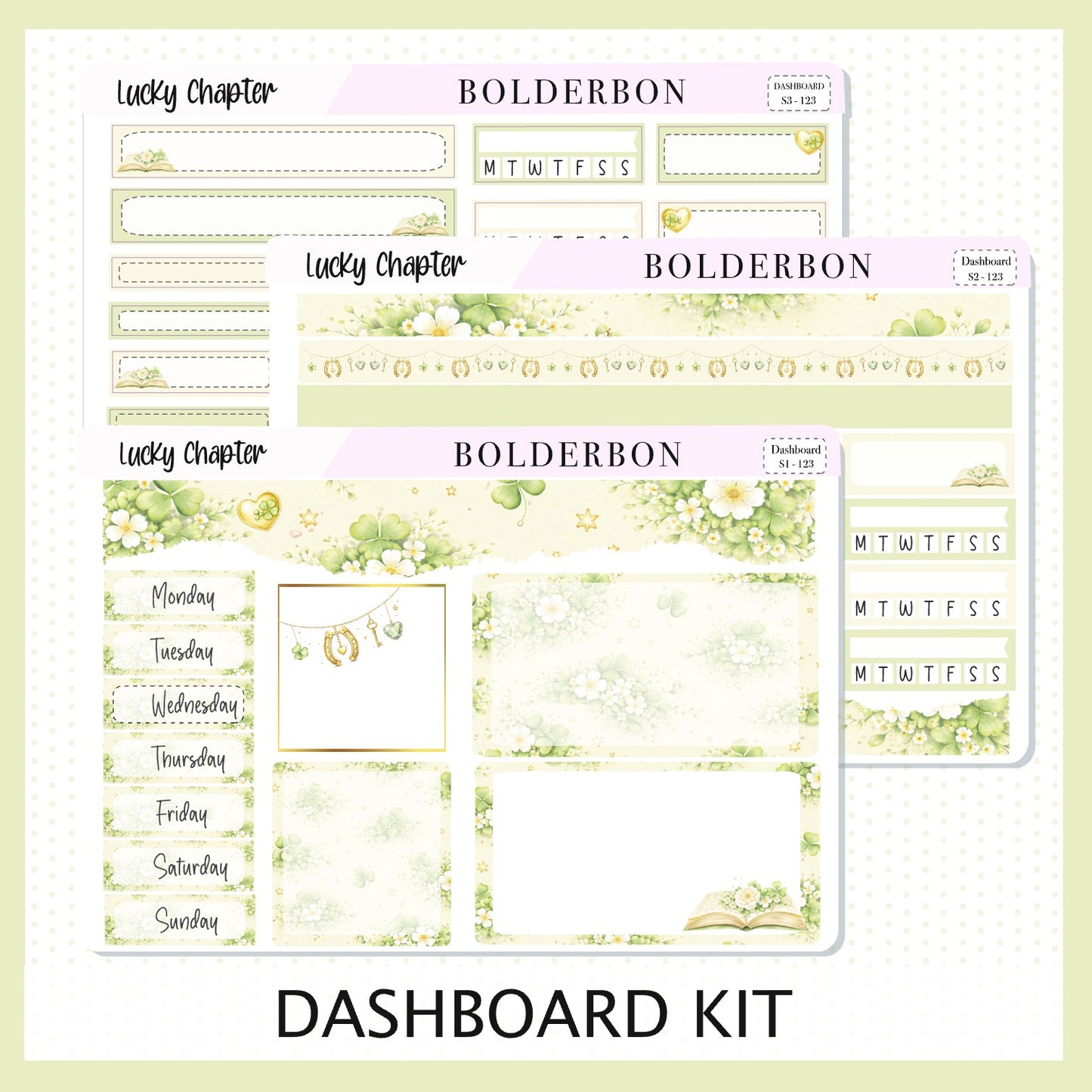 LUCKY CHAPTER Erin Condren Dashboard Sticker kit || Clover Planner Stickers, Book Lover, Cottagecore Spring Weekly Kit