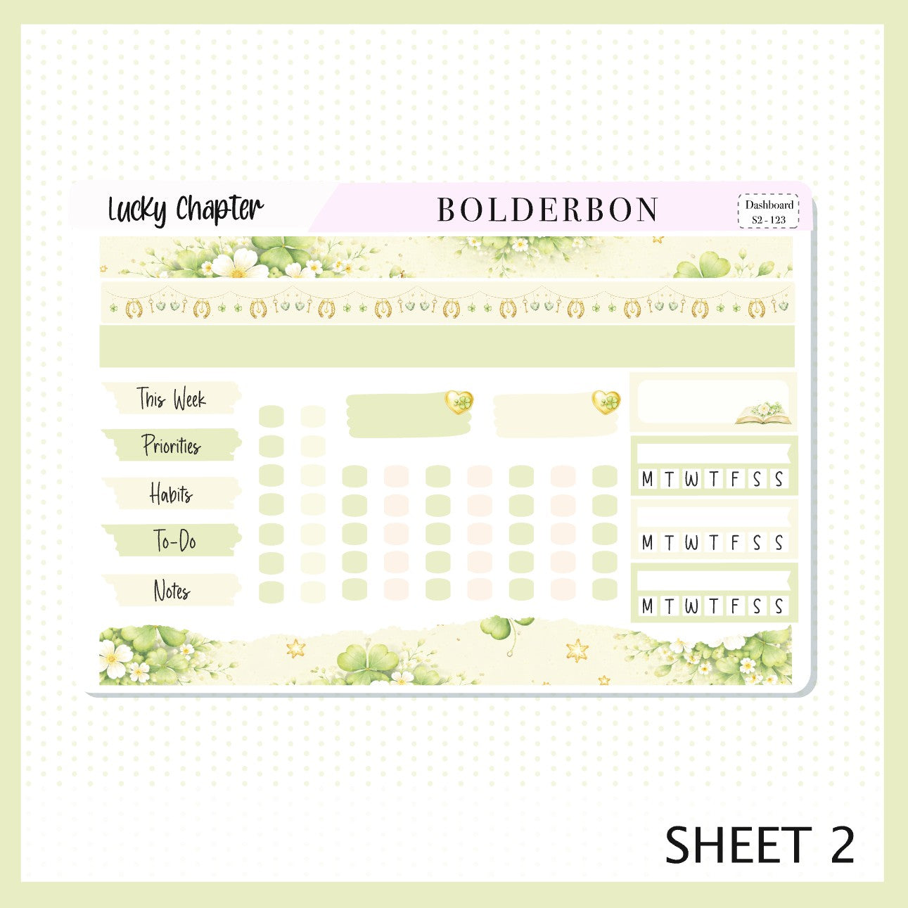 LUCKY CHAPTER Erin Condren Dashboard Sticker kit || Clover Planner Stickers, Book Lover, Cottagecore Spring Weekly Kit