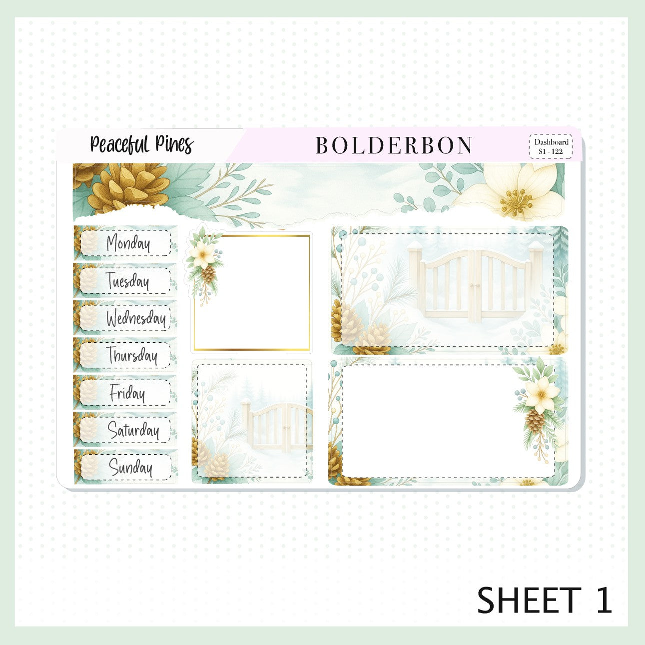 PEACEFUL PINES Erin Condren Dashboard Sticker kit || Winter Floral Planner Stickers, Cozy Sage & Gold Vibe