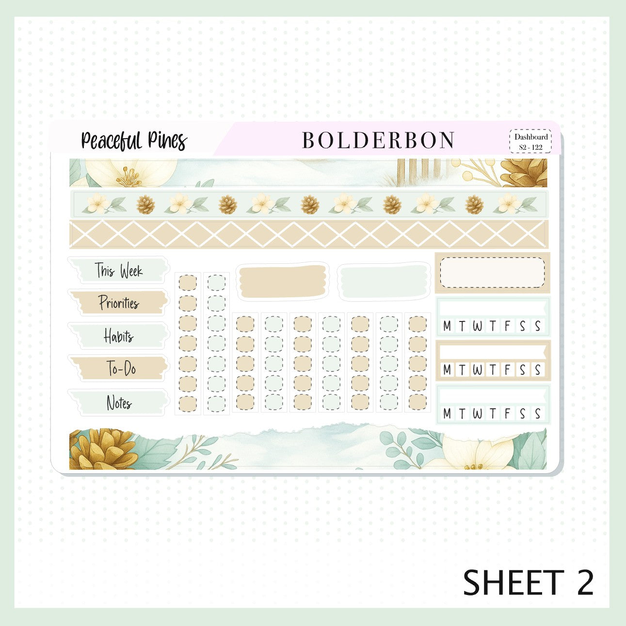 PEACEFUL PINES Erin Condren Dashboard Sticker kit || Winter Floral Planner Stickers, Cozy Sage & Gold Vibe