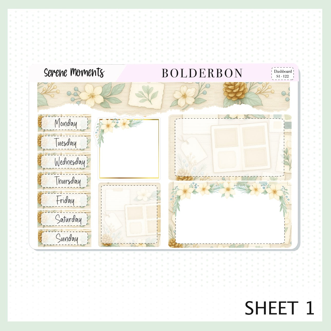 SERENE MOMENTS Erin Condren Dashboard Sticker kit || Winter Floral Planner Stickers, Cozy Sage & Gold Vibe