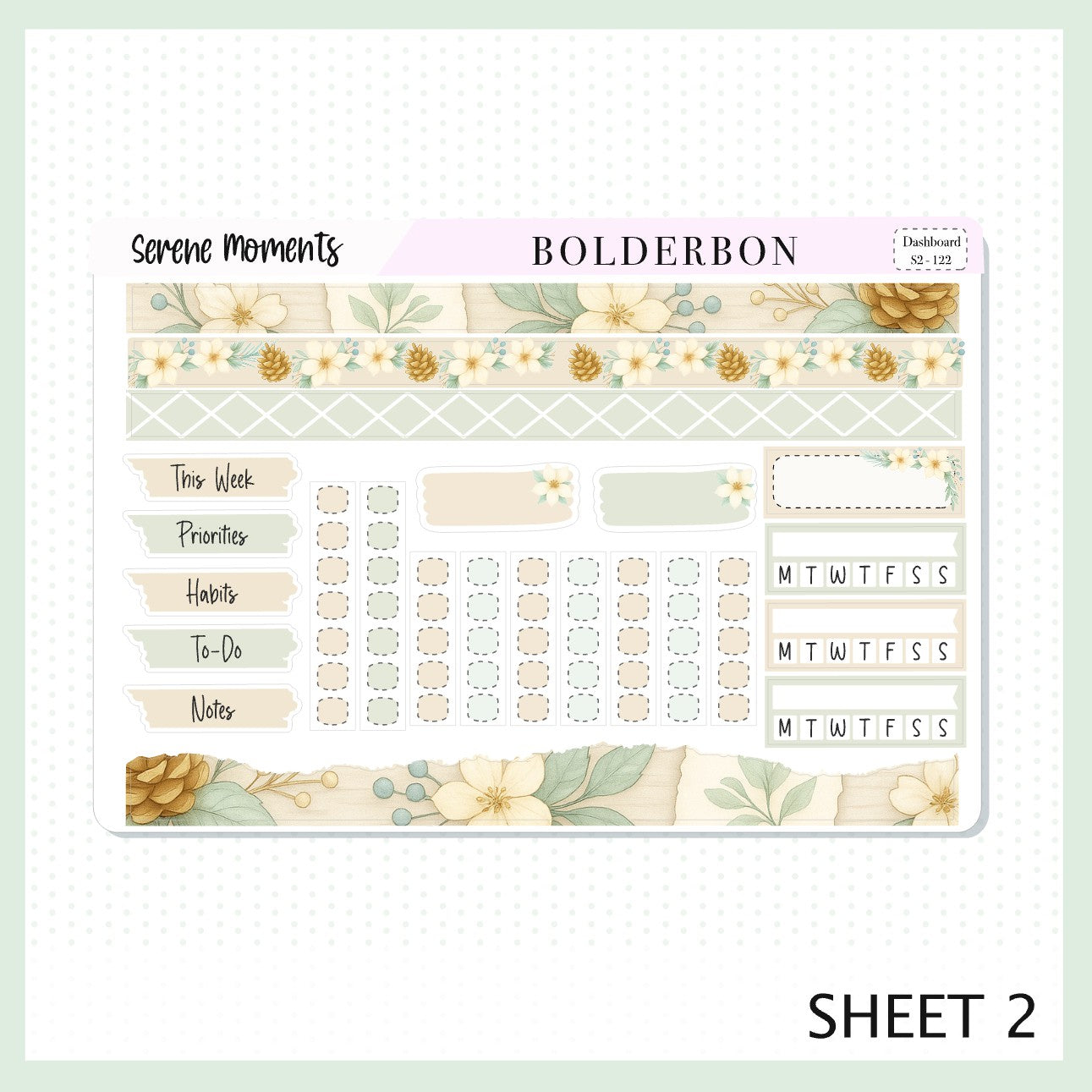 SERENE MOMENTS Erin Condren Dashboard Sticker kit || Winter Floral Planner Stickers, Cozy Sage & Gold Vibe
