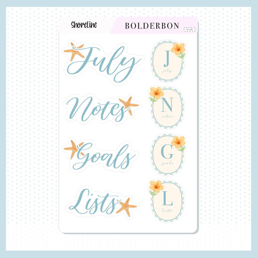 JULY Header Stickers || Shoreline Theme, Aesthetic Journal Stickers, Journaling Stickers, Shoreline, Coastal Beach and Nautical Vibe Planner Stickers