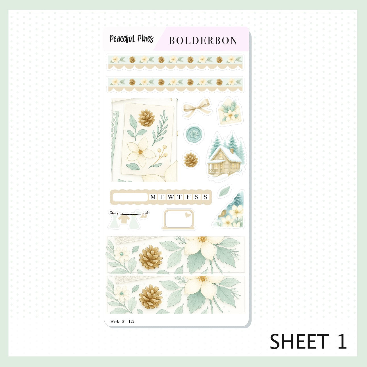PEACEFUL PINES Hobonichi Weeks || Winter Floral Planner Stickers, Cozy Sage & Gold Vibe