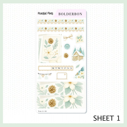 PEACEFUL PINES Hobonichi Weeks || Winter Floral Planner Stickers, Cozy Sage & Gold Vibe