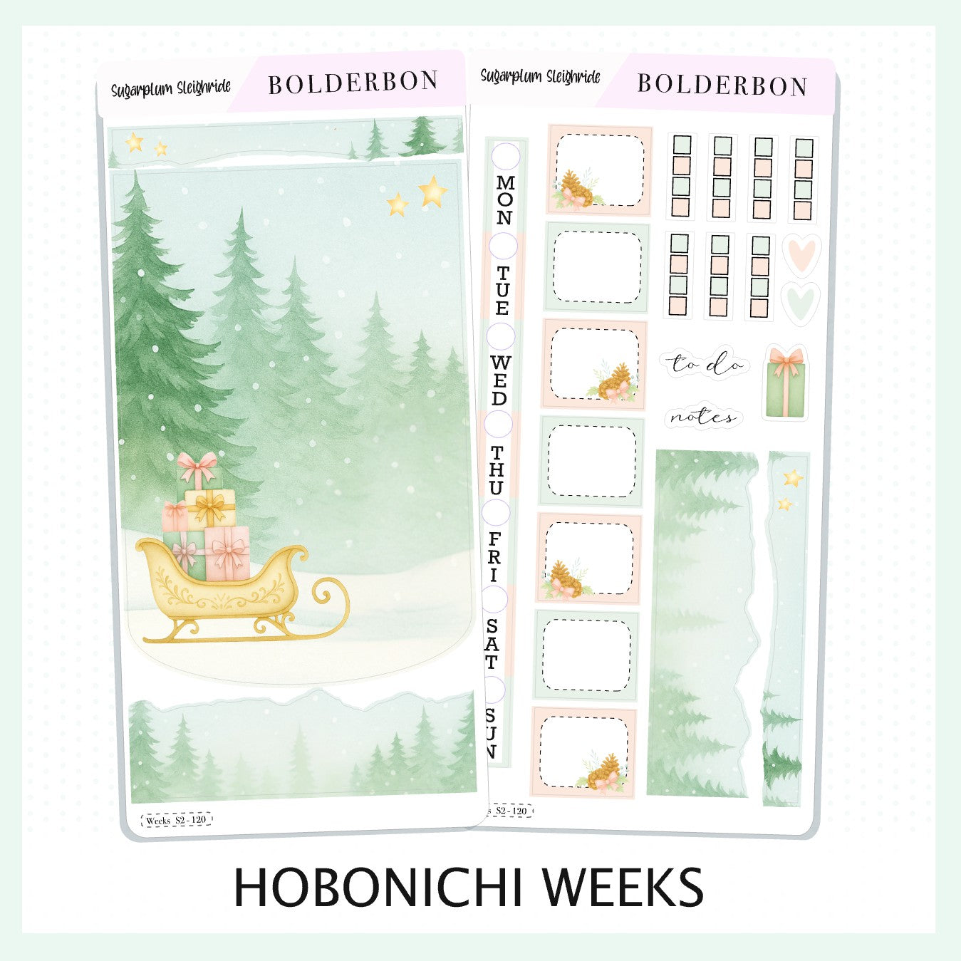SUGARPLUM SLEIGHRIDE Hobonichi Weeks || Festive Floral Planner Stickers, Pastel Holiday Aesthetic Vibe
