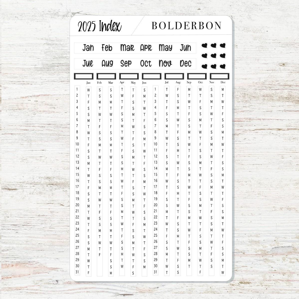 2025 YEARLY INDEX Hobonichi Weeks - Slate || Date Strips, Monthly Headers, Calendar Stickers, Year At A Glance, Hobonichi Weeks Kit