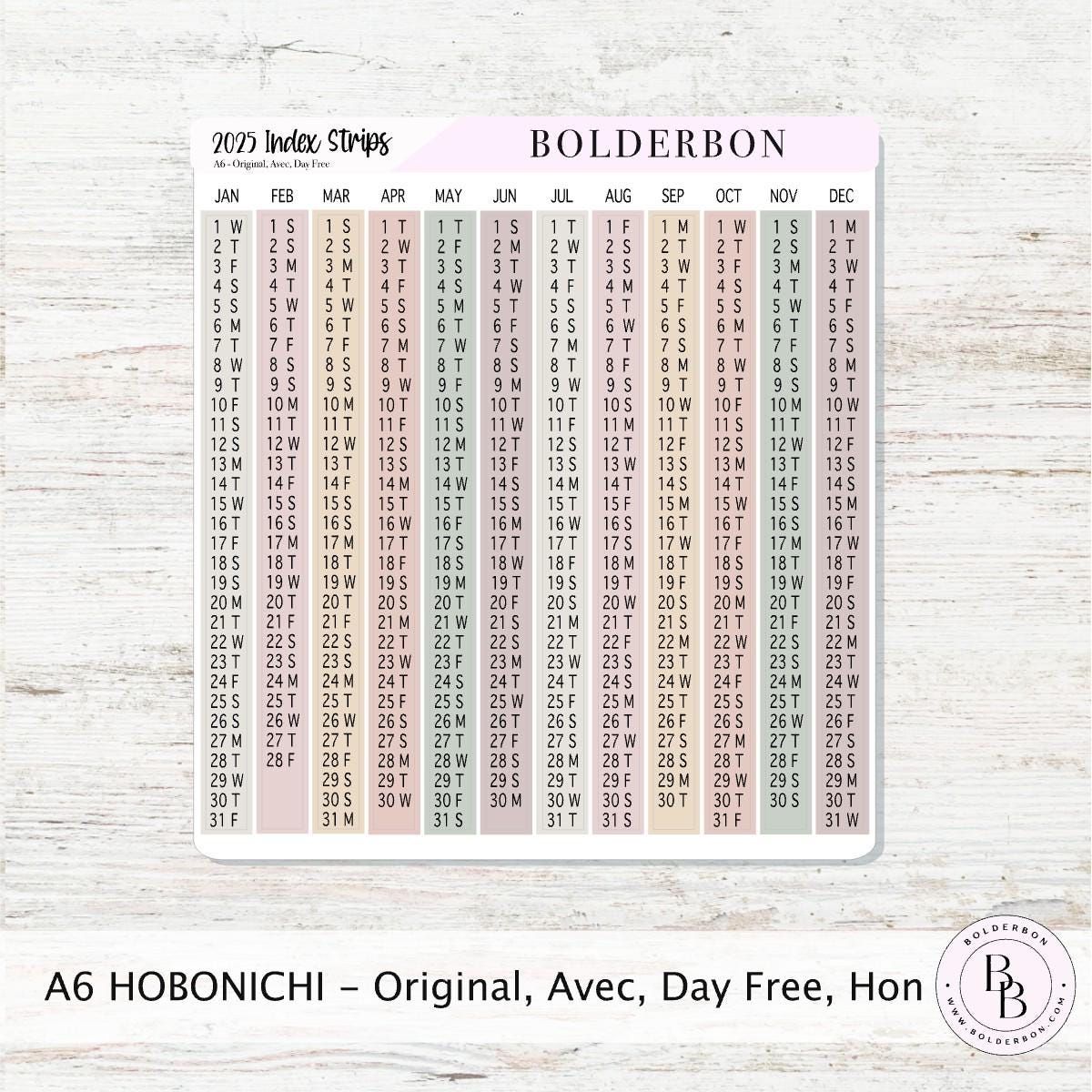 2025 - A6 HOBONICHI Index Date Strips - Aesthetic || Monthly Headers, Calendar Stickers, Year At A Glance, Hobonichi Cousin Kit