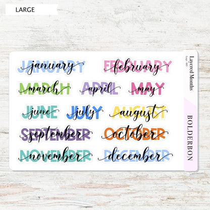 Layered Colorful Month Stickers || Script Month Labels for Planners, Journals, and Calendars