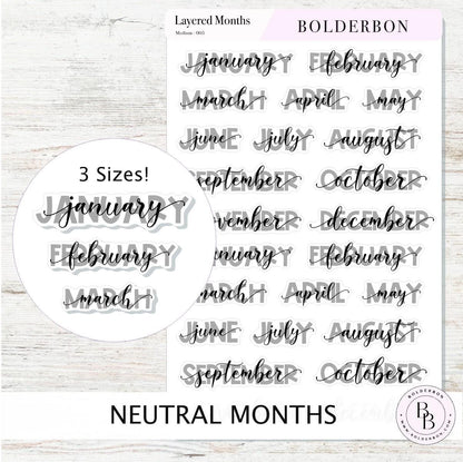 Layered Neutral Month Stickers || Script, Printed, Header, Vinyl, Monthly, Planner, Handlettering, Calendar, Cursive
