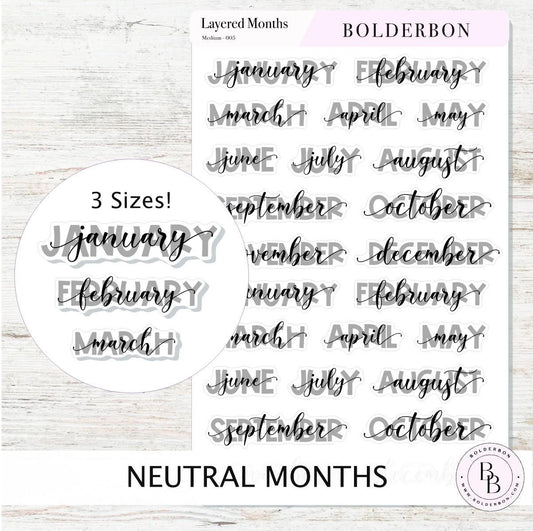 Layered Neutral Month Stickers || Script, Printed, Header, Vinyl, Monthly, Planner, Handlettering, Calendar, Cursive