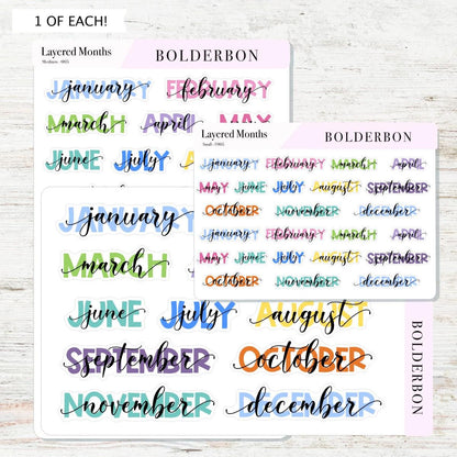 Layered Colorful Month Stickers || Script Month Labels for Planners, Journals, and Calendars
