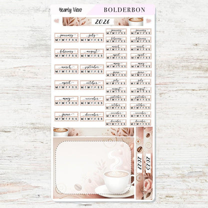 2026 YEARLY VIEW Hobonichi Weeks - Coffee Aesthetic || Calendar Stickers, Year At A Glance, Monthly Header Sticker Kit