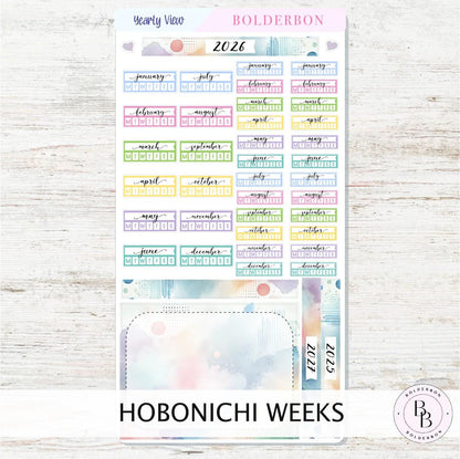 2026 YEARLY VIEW Hobonichi Weeks - Colorful || Calendar Stickers, Year At A Glance, Monthly Header Sticker Kit