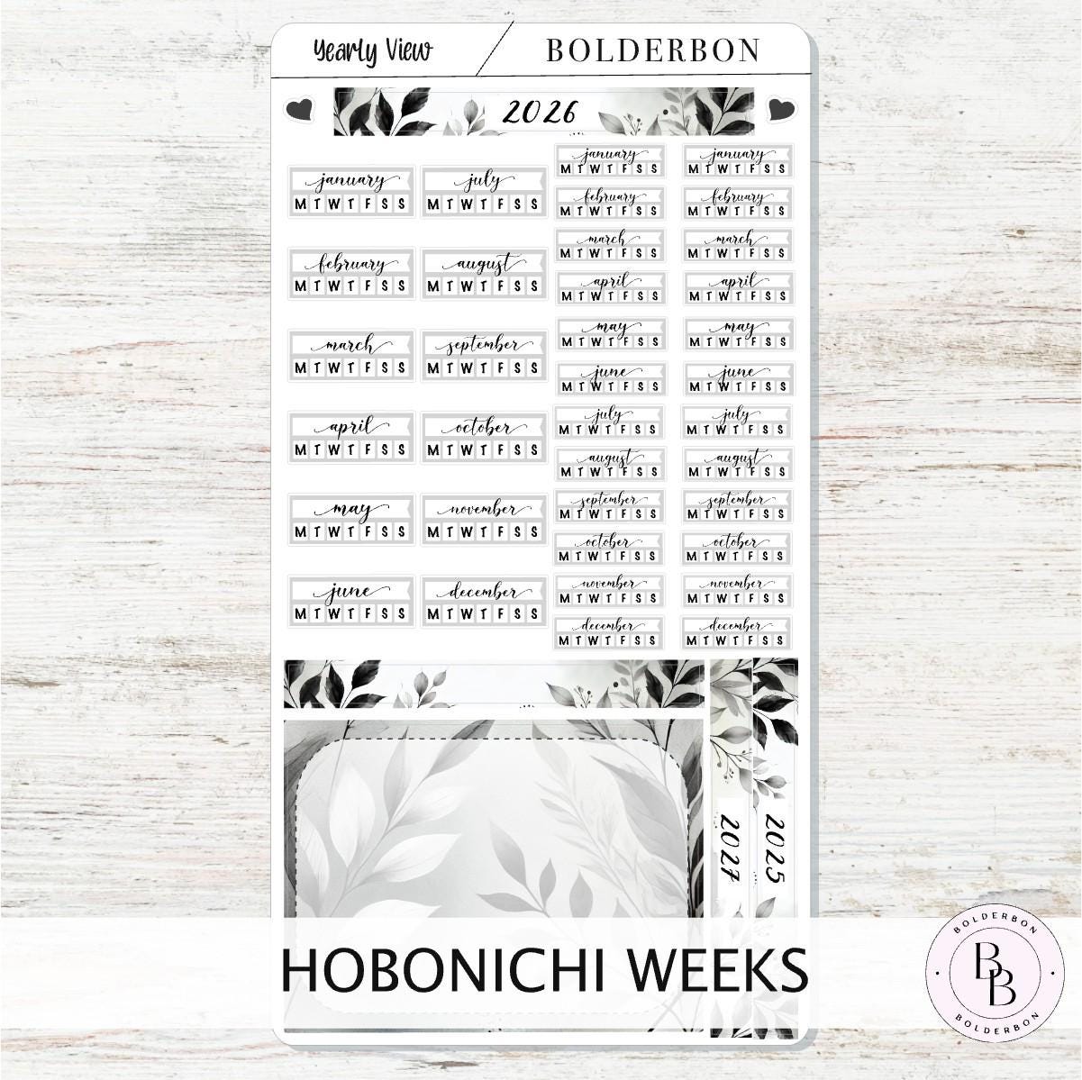 2026 YEARLY VIEW Hobonichi Weeks - Slate || Calendar Stickers, Year At A Glance, Monthly Header Sticker Kit